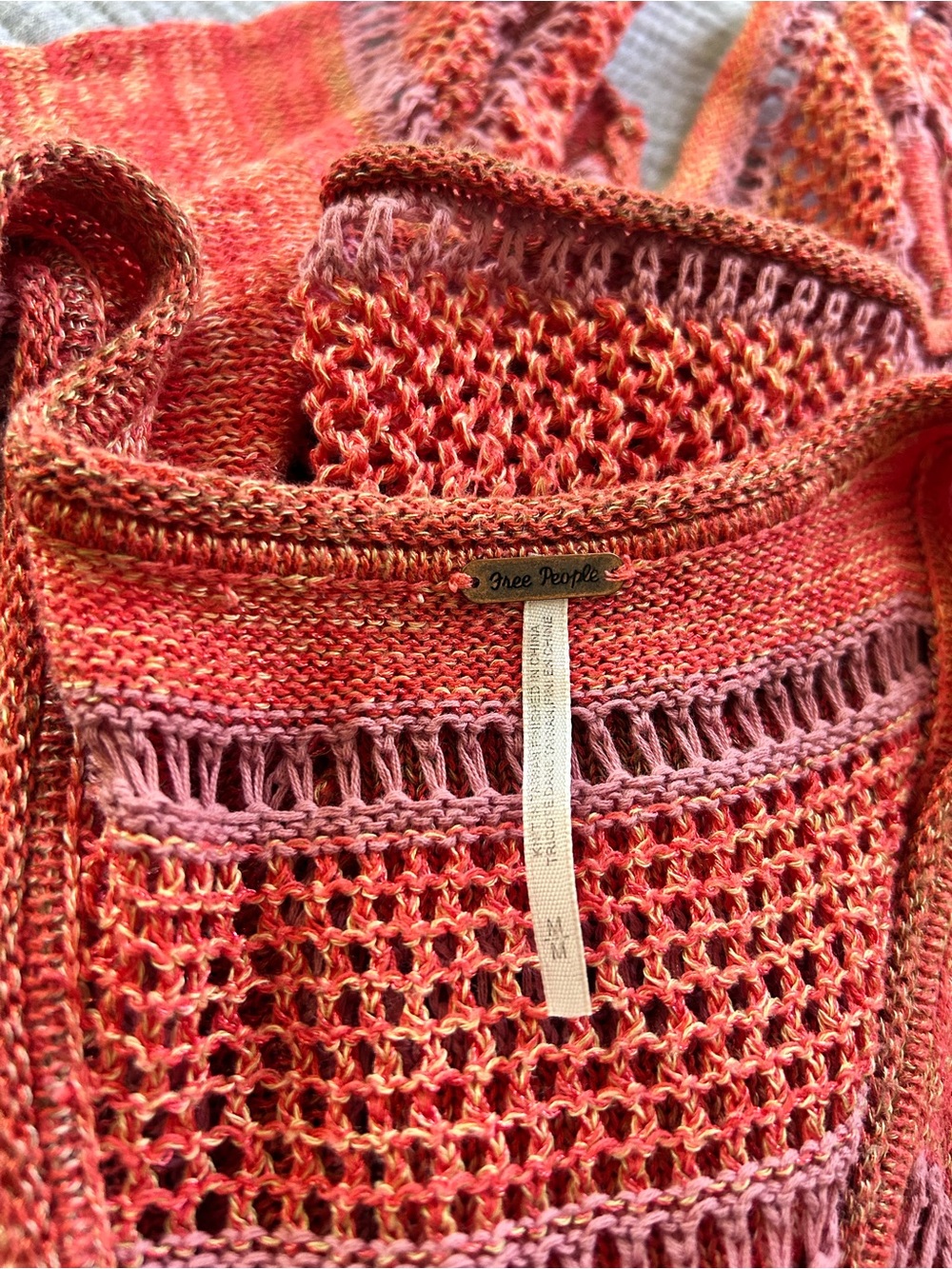 Free People Boho Striped Knit Coral Blend Openwork Asymmetrical Hem Tank Medium - Picture 4 of 4